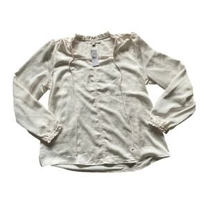 Loft Womens/Teen White Mixed Media Ruffle Tie Neck Blouse Size Large Flowy